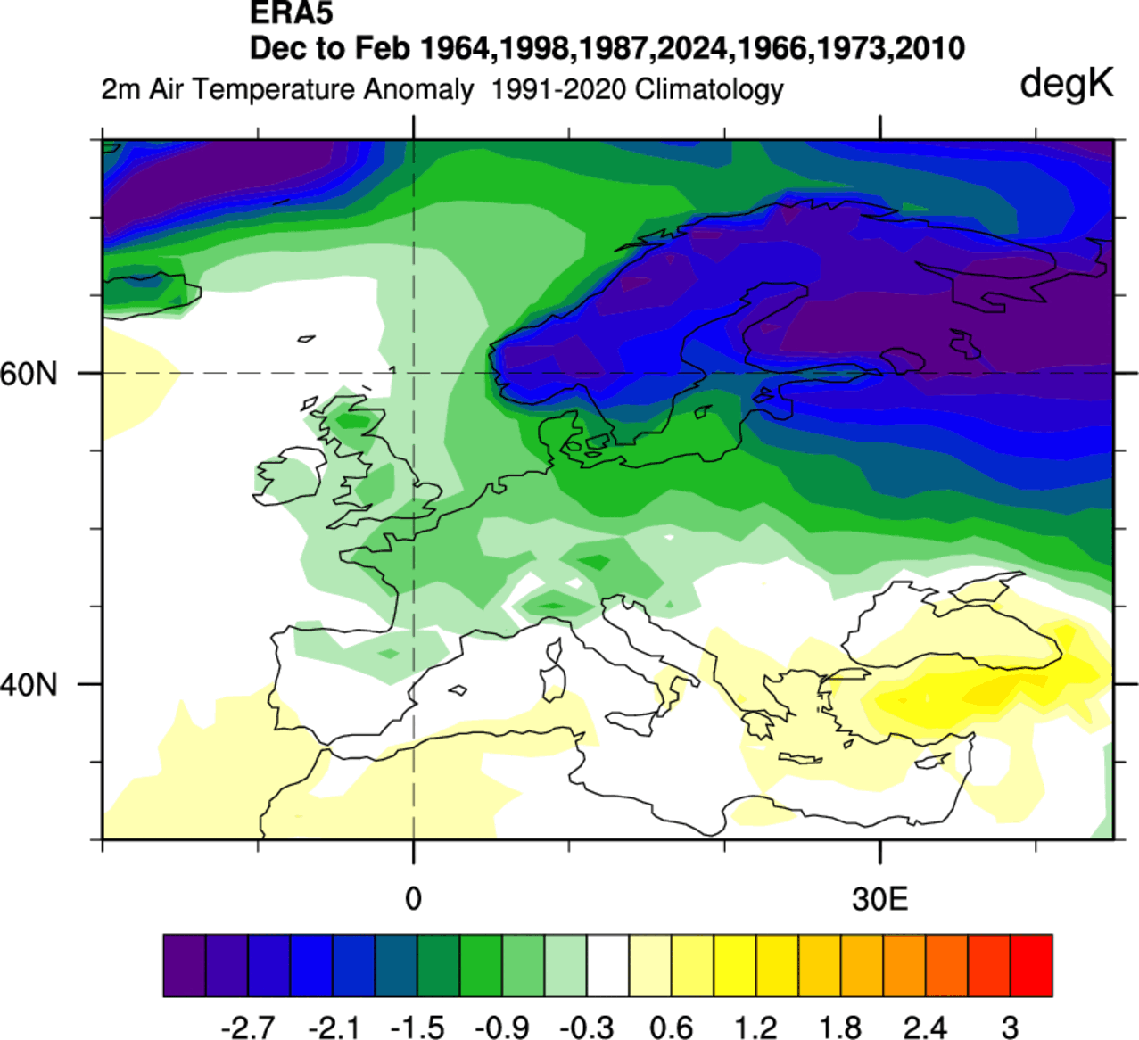 厄尔尼诺年欧洲冬季气温异常预测（来源：Severe Weather Europe）